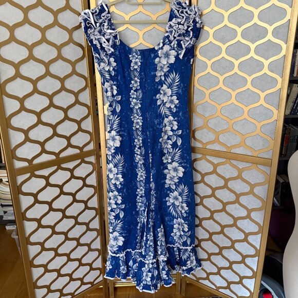 Vintage Hawaiian KY's Hawaii Size L Blue White Hibiscus Floral Ruffle Midi Dress - Picture 4 of 16